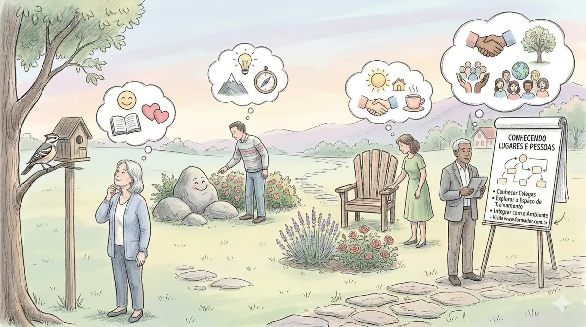 Ilustração da Dinâmica Conhecendo Lugares e Pessoas - Objetivos: Conhecer as pessoas com as quais se v...